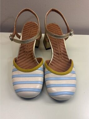 Chie Mihara Cream and Light Blue Striped Block Heel Sandals with Gold Strap